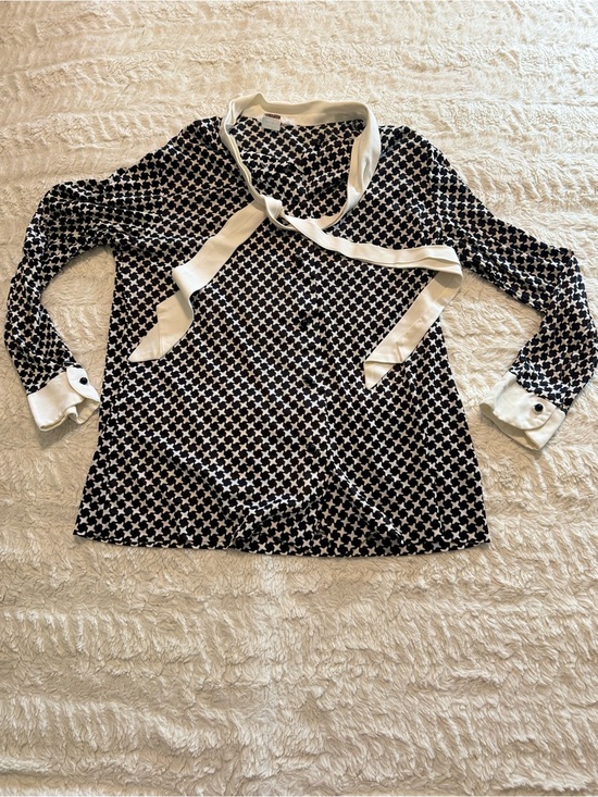 Vintage Tops - VTG 70s Montgomery Ward Triacetate Op Art Pussybow Blouse Secretary M siren